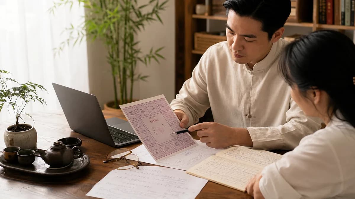 Minh họa người đọc cùng người hướng dẫn đối chiếu lá số tử vi bản giấy, ghi chú giờ sinh và bảng so sánh trên bàn gỗ sáng