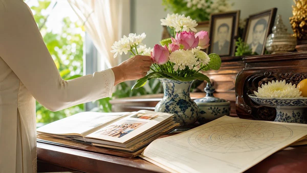 Minh họa cung Phúc Đức trong lá số tử vi với nền phúc, gia đạo và tinh thần