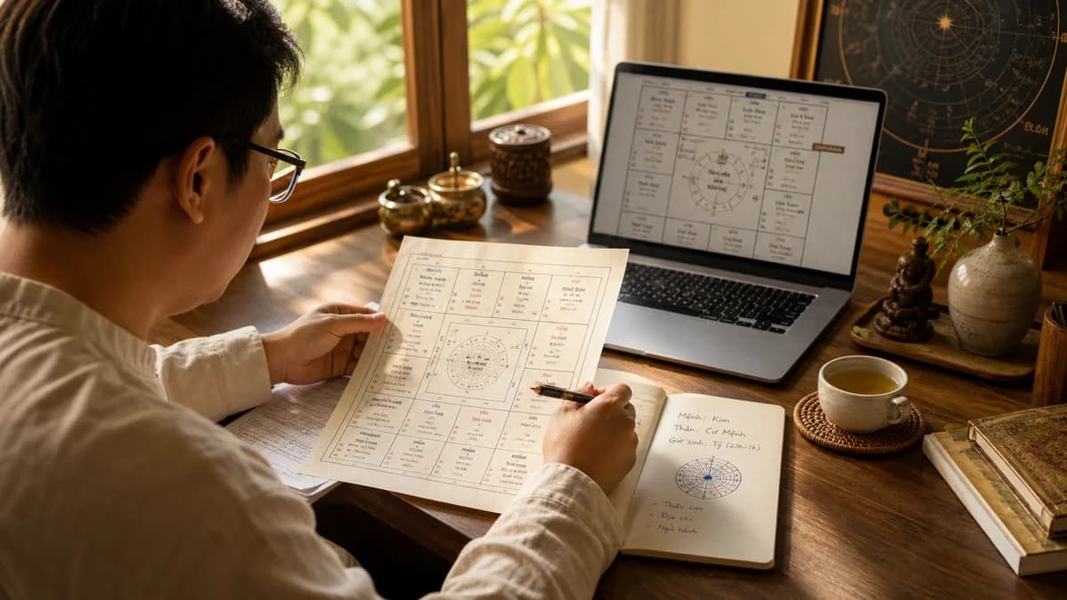 Minh họa người đọc đối chiếu lá số tử vi trên bàn giấy với laptop, sổ ghi chú Mệnh Thân và các ký hiệu giờ sinh