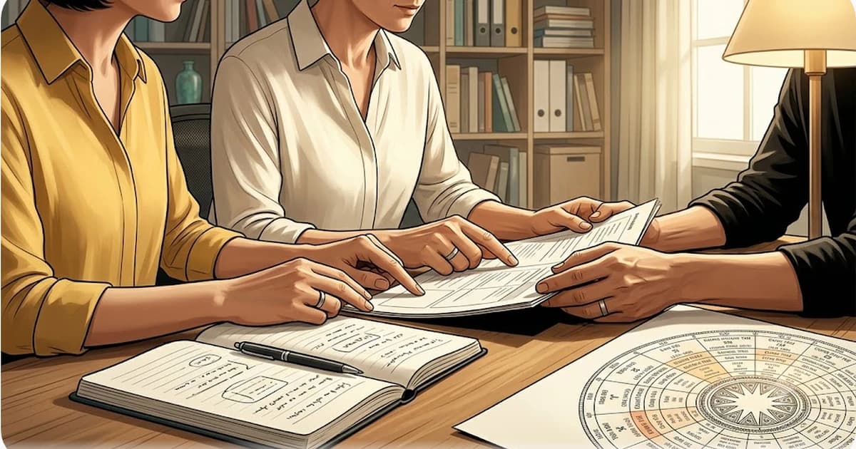 Hai người trưởng thành cùng xem tài liệu học tập và lá số tử vi, thể hiện sự nể trọng, tri thức và đồng hành trong hôn nhân