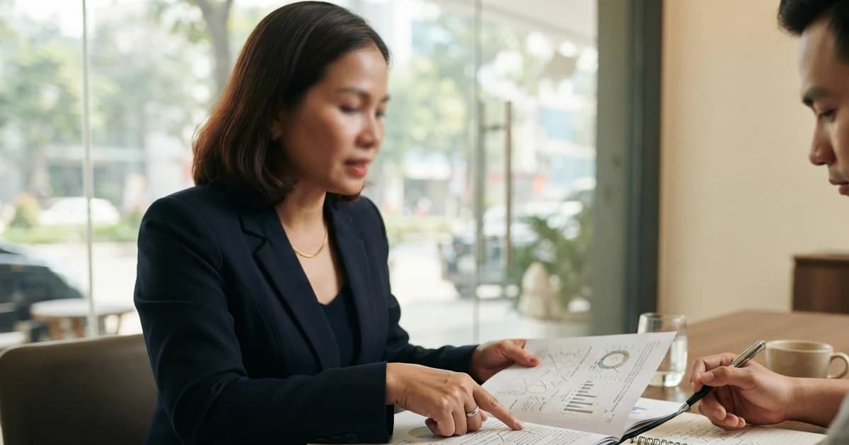 Minh họa Hóa Khoa ở cung Thiên Di với hai người cùng kiểm tra tài liệu và lá số trong buổi trao đổi