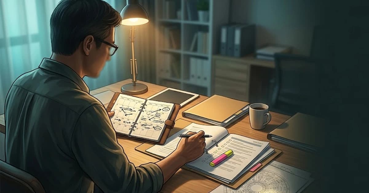 Người trưởng thành rà soát planner, hồ sơ cần sửa và lá số tử vi trên bàn làm việc, thể hiện việc nhận diện điểm nghẽn nghề nghiệp khi Hóa Kỵ ở cung Quan Lộc