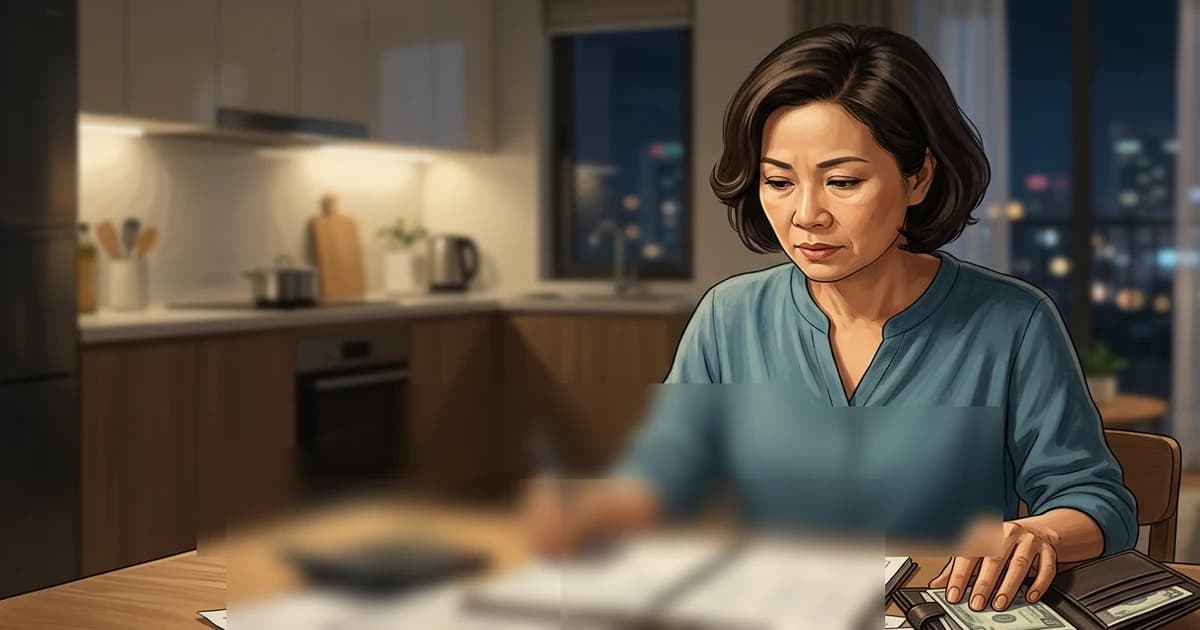 Một người trưởng thành đang rà soát ngân sách, hóa đơn và lá số tử vi để nhận diện điểm nghẽn tiền bạc