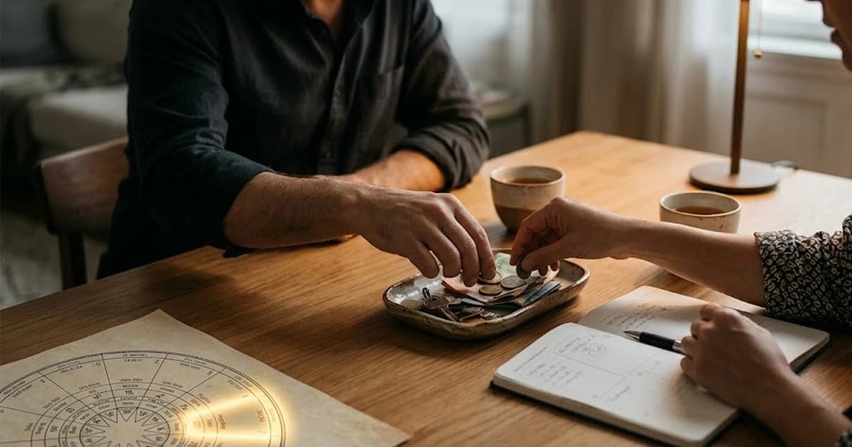 Hai người trưởng thành cùng chia sẻ nguồn lực bên khay tiền, sổ kế hoạch và lá số tử vi