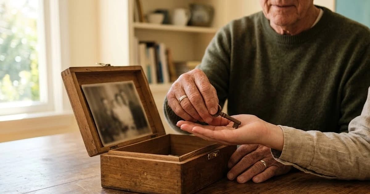 Hai thế hệ trao chìa khóa bên hộp gỗ gia truyền, gợi nền phúc và nguồn lực gia đình của Hóa Lộc ở cung Phúc Đức