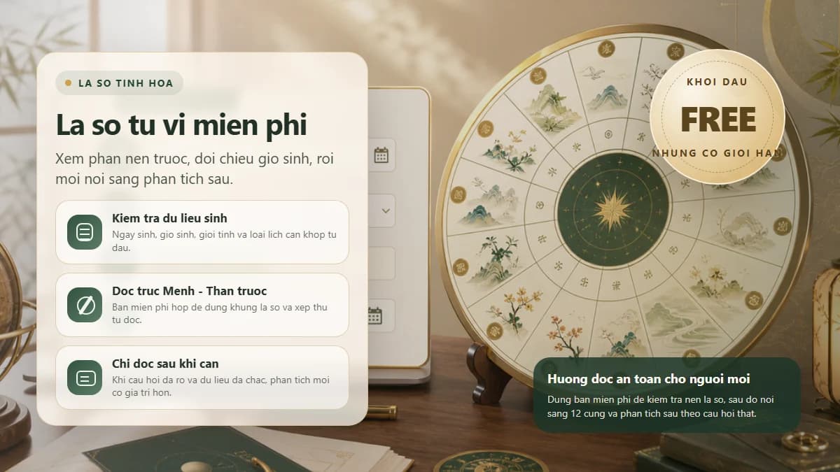 Minh họa lá số tử vi miễn phí với bàn lá số, biểu mẫu ngày giờ sinh và các bước kiểm tra phần nền trước khi đọc sâu