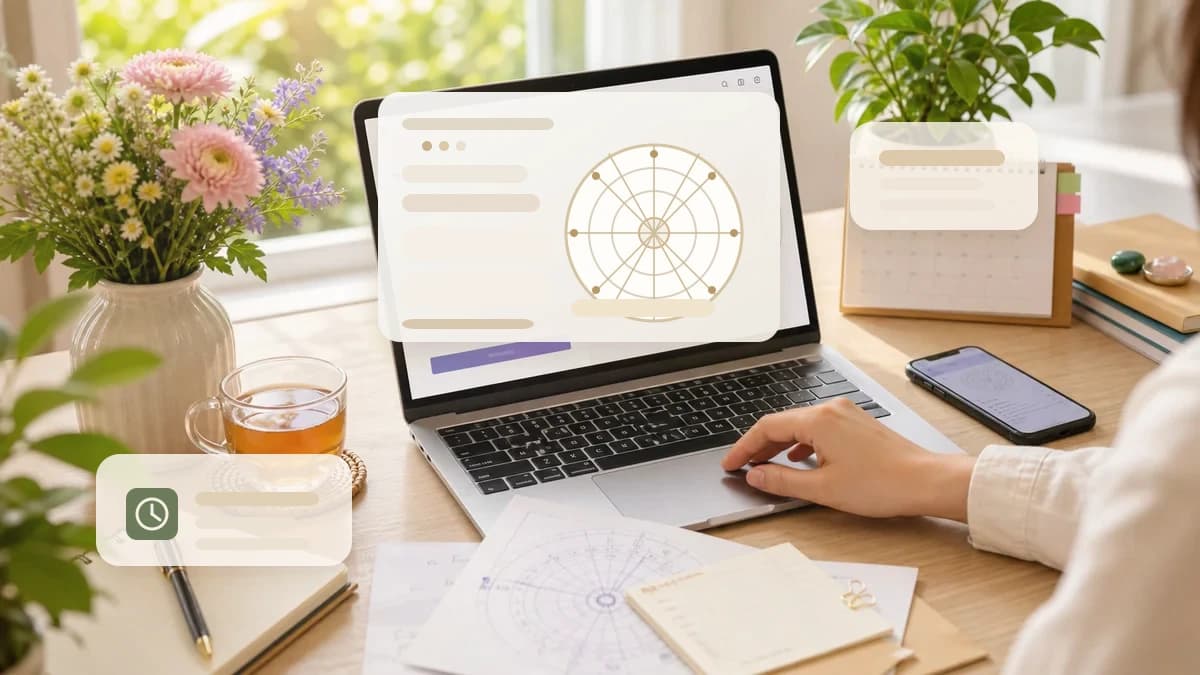 Minh họa lá số tử vi online trên màn hình laptop với bàn lá số, ghi chú giờ sinh và điện thoại đối chiếu dữ liệu