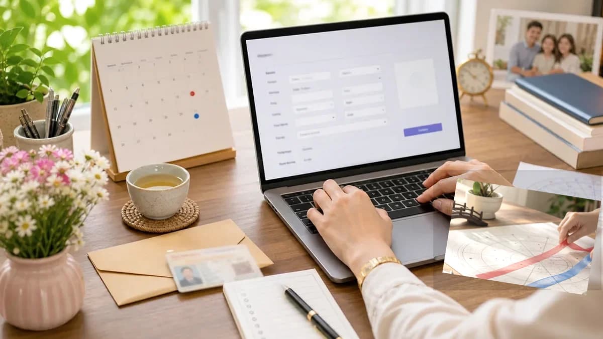Minh họa lập lá số bát tự trên laptop với biểu mẫu ngày giờ sinh và tờ chart dùng để đối chiếu