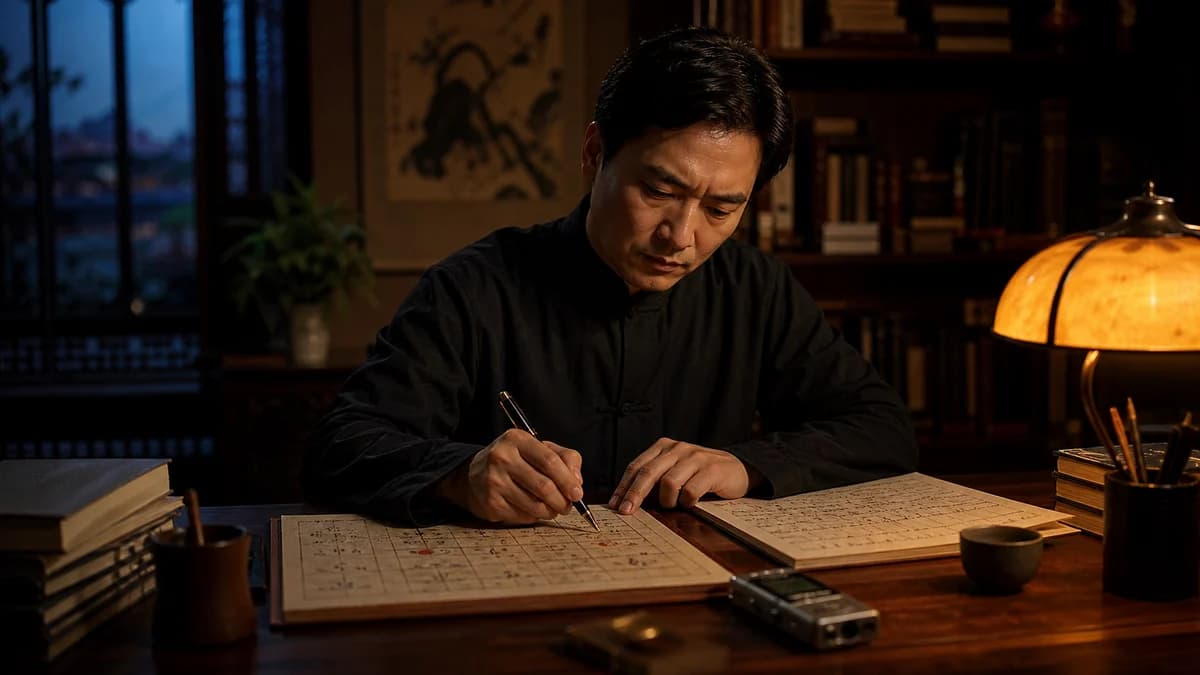 Nguoi dan ong dang phan tich la so va ghi chu trong phong doc toi, goi y kha nang tranh bien va lam ro van de cua sao Cu Mon