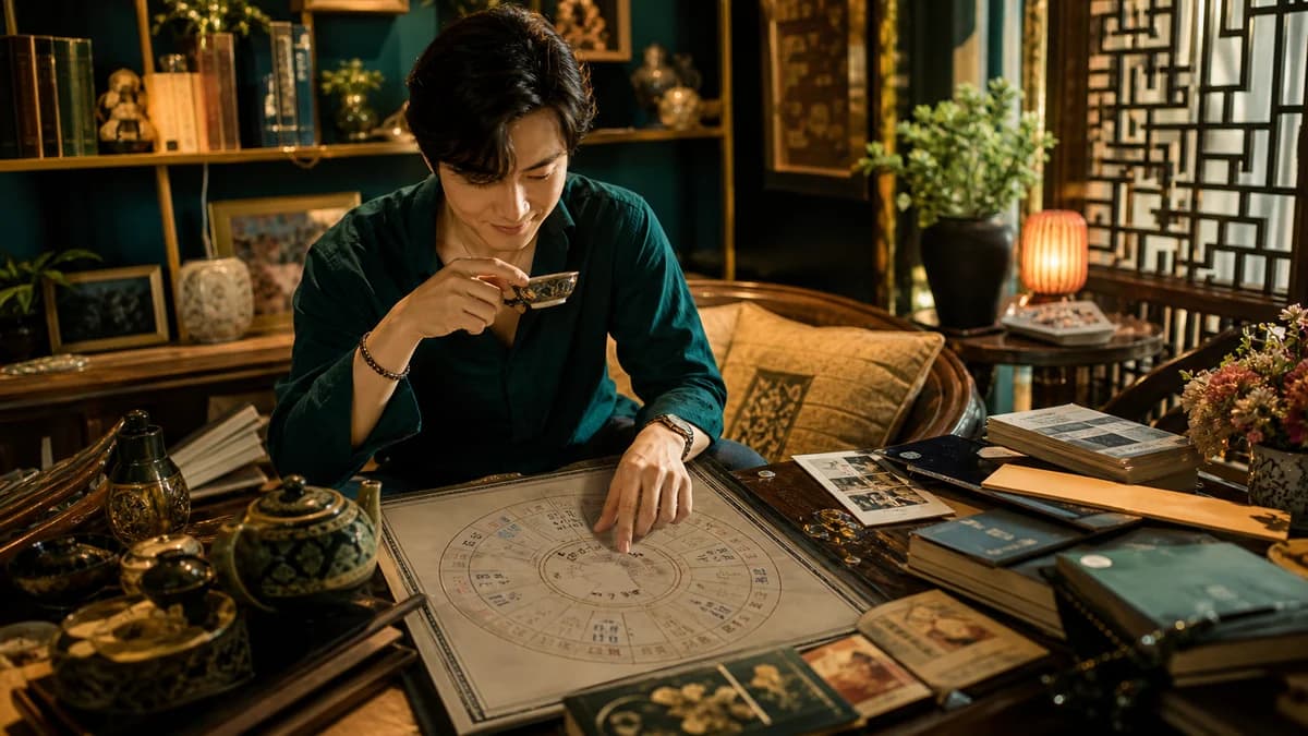 Minh họa người đọc lá số tử vi bên bàn trà tối, vừa đối chiếu vị trí sao Tham Lang trên bàn lá số vừa ghi chú về tiền bạc và quan hệ