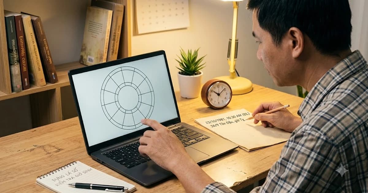 Người đang dựng nền lá số tử vi trên laptop, đối chiếu giờ sinh và sơ đồ 12 cung trên bàn làm việc ấm để kiểm tra cấu trúc lá số trước khi an sao.