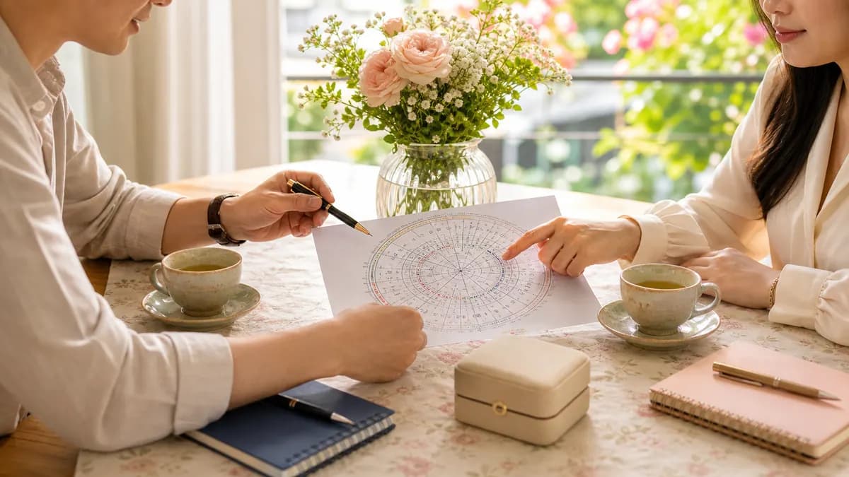 Minh họa hai người đối chiếu lá số tử vi in giấy bên bàn trà sáng, cùng ghi chú vị trí sao để đọc đúng ngữ cảnh