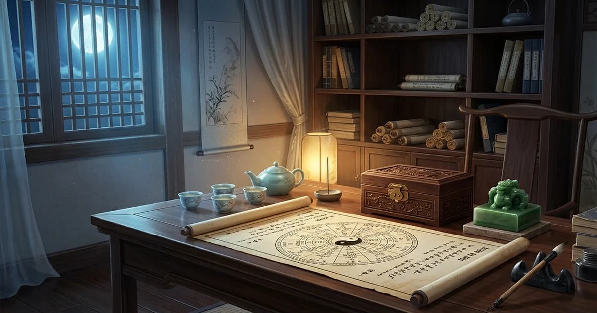 Minh họa cách cục Cơ Nguyệt Đồng Lương với thư phòng cổ, ánh trăng và bản đồ lá số tử vi