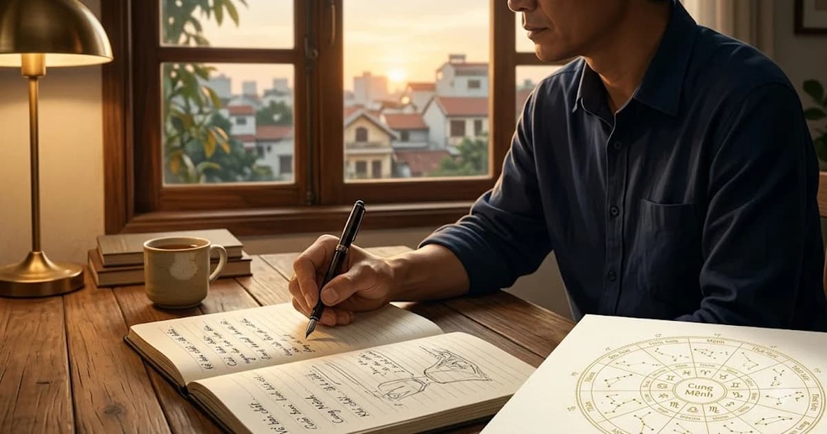 Người ngồi một mình bên bàn gỗ, tay dừng trên trang sổ giữa dòng, lá số dạng vòng tròn mảnh bên cạnh trong ánh chiều muộn, gợi cung Mệnh trong tử vi