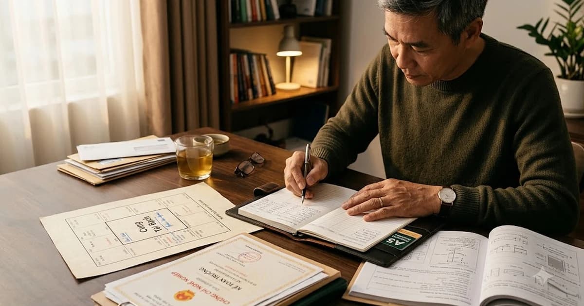 Người đang rà lại lá số tử vi, sổ tài chính và hồ sơ chuyên môn trên bàn gỗ ấm, gợi ý việc kiếm tiền nhờ tri thức và uy tín.