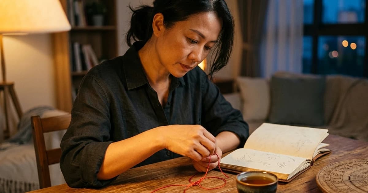 Người trưởng thành đang bình tĩnh gỡ nút dây đỏ bên sổ ghi chú và lá số tử vi, tượng trưng cho việc tự tháo gỡ điểm nghẽn nội tâm