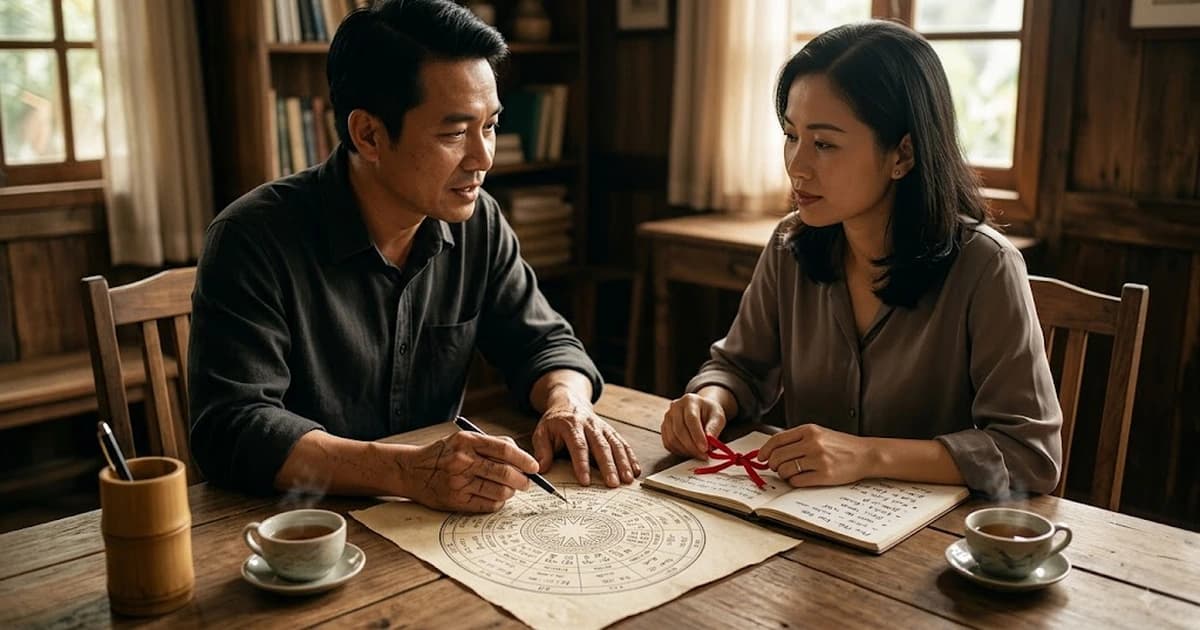 Hai người ngồi đối diện trước lá số tử vi và sổ ghi chú, tượng trưng cho việc tháo gỡ điểm nghẽn trong hôn nhân khi Hóa Kỵ ở cung Phu Thê