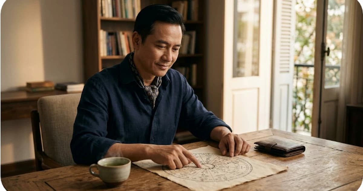 Người đàn ông trung niên điềm tĩnh bên lá số tử vi, tách trà và ví da khép kín, gợi sức hút cá nhân, cơ hội mở ra và sự đủ đầy có chừng mực