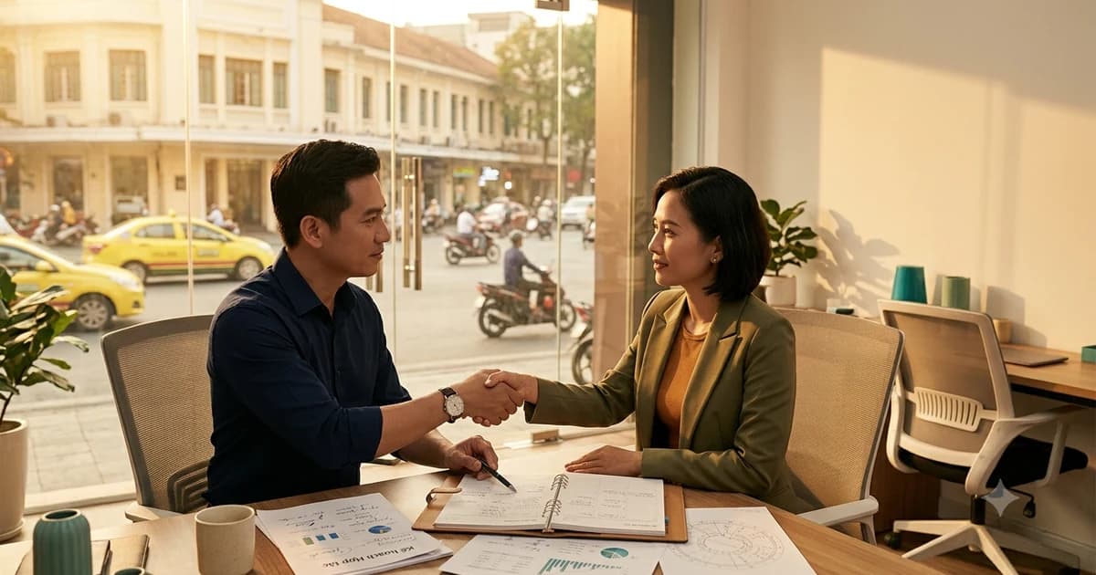 Người gặp gỡ đối tác bên ngoài, trao đổi kế hoạch hợp tác trong không gian mở, gợi Hóa Lộc ở cung Thiên Di