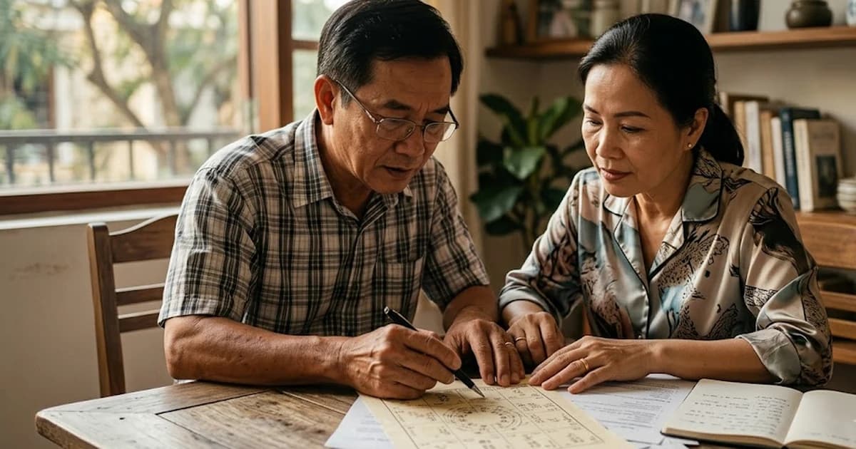 Hai người trưởng thành cùng xem lá số và sổ kế hoạch gia đình trên bàn gỗ ấm, thể hiện sự thương lượng và phân quyền trong quan hệ