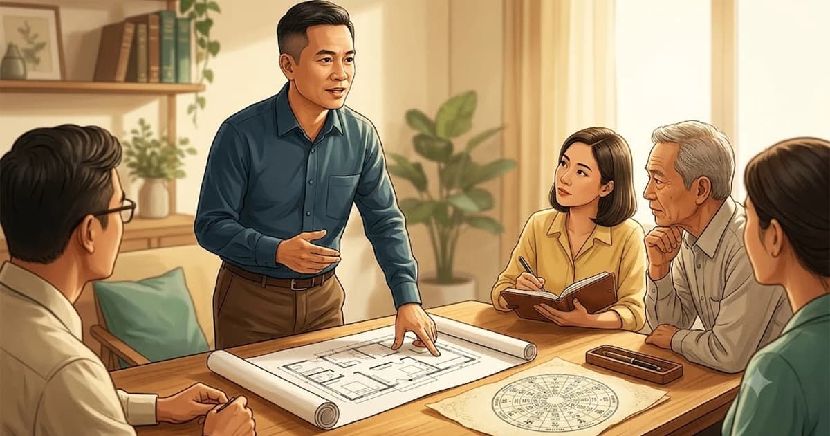 Người đàn ông trung niên đứng phát biểu và chỉ vào bản kế hoạch trước nhóm đối tác ngồi quanh bàn gỗ trong ánh sáng ấm, minh họa Hóa Quyền ở cung Thiên Di
