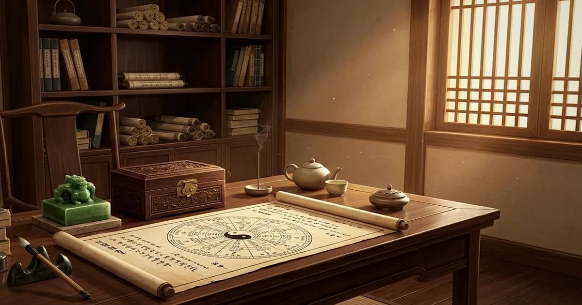 Bàn gỗ cổ với lá số tử vi, ấn ngọc và hộp lưu trữ gợi ý nghĩa Hóa Quyền về trách nhiệm và quyền lực có kiểm soát