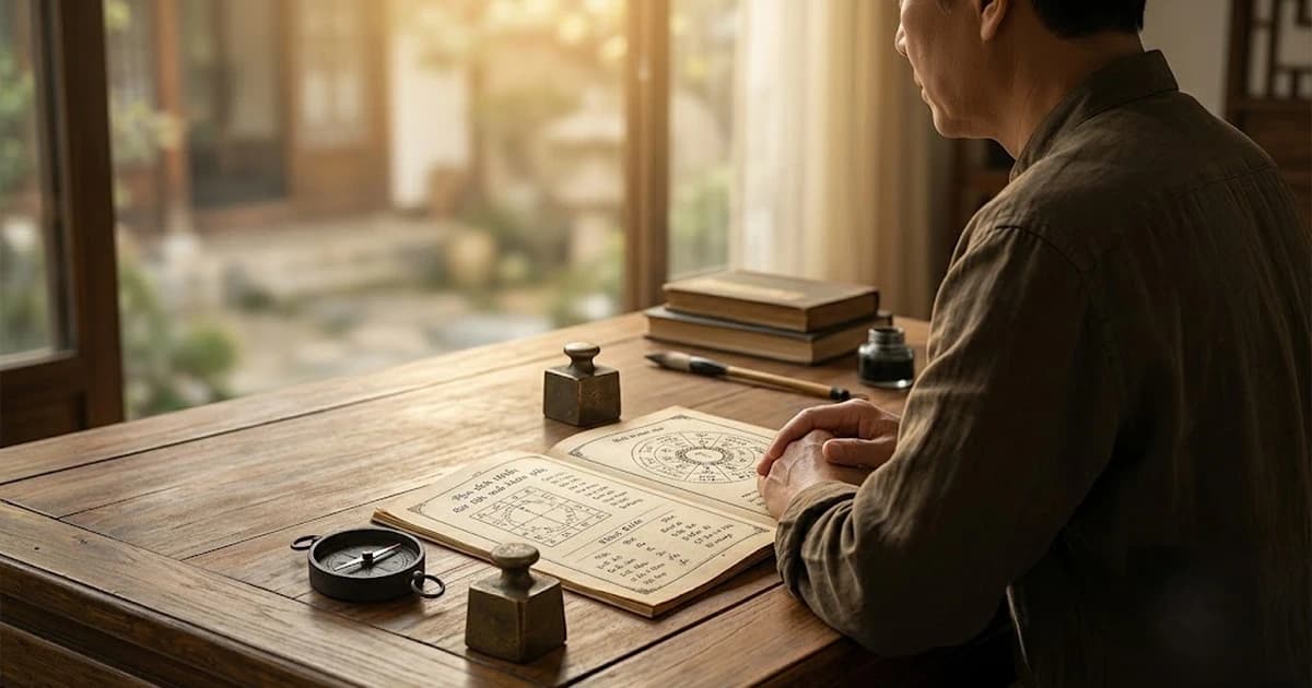 Người trưởng thành xem lá số tử vi trên bàn gỗ, biểu trưng cho Kình Dương Đà La và áp lực cần kỷ luật