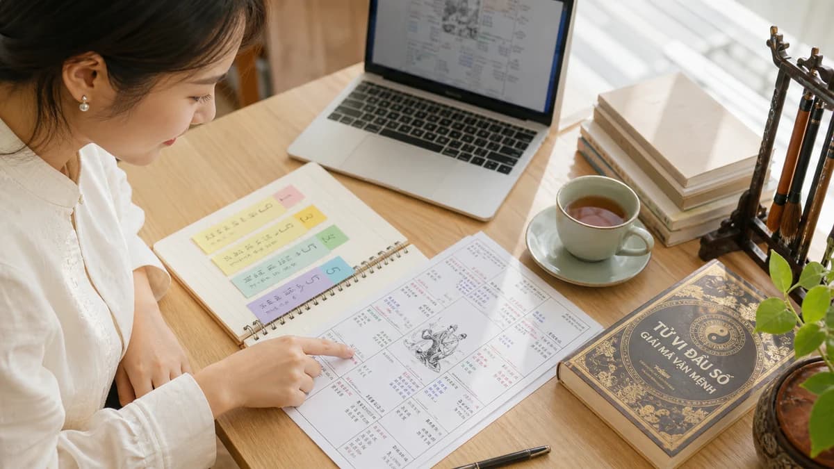 Minh họa người đọc đối chiếu hai phiên bản lá số tử vi trên bàn làm việc với laptop và ghi chú giờ sinh để kiểm tra điểm thay đổi