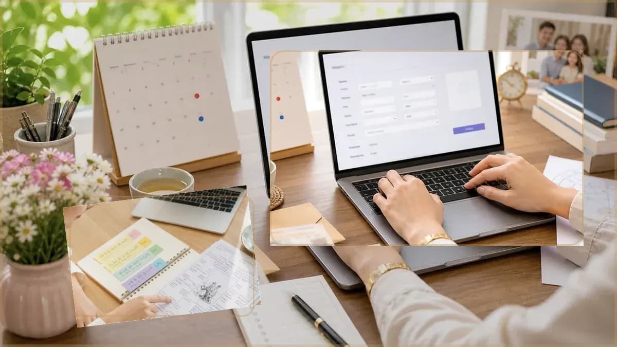 Minh họa bàn làm việc với lịch ngày sinh, laptop mở form lập lá số và một tờ chart dùng để đối chiếu phần thiếu giờ sinh