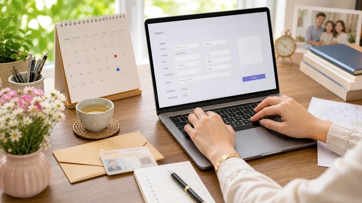 Minh họa bàn làm việc với laptop mở form lập lá số, sổ checklist ngày giờ sinh và giấy tờ cá nhân để chuẩn bị dữ liệu đầu vào