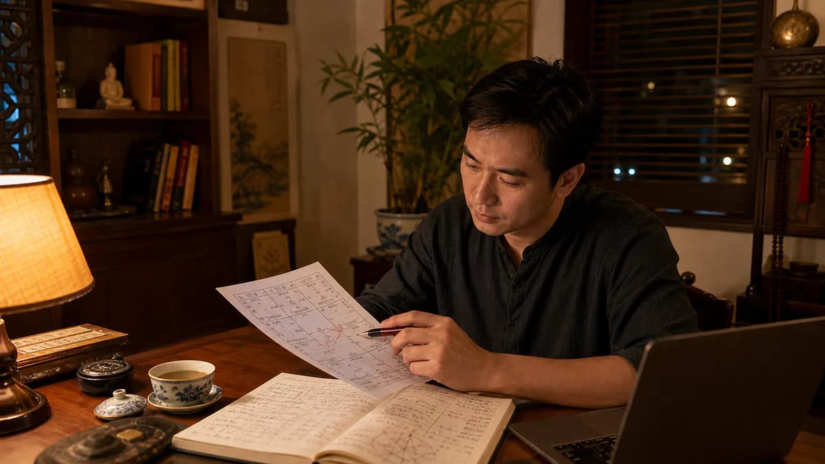 Minh họa người đàn ông Việt Nam ngồi bên bàn gỗ ấm, cầm tờ lá số tử vi có đánh dấu cung Mệnh và ghi chú để đối chiếu Mệnh Tham Lang