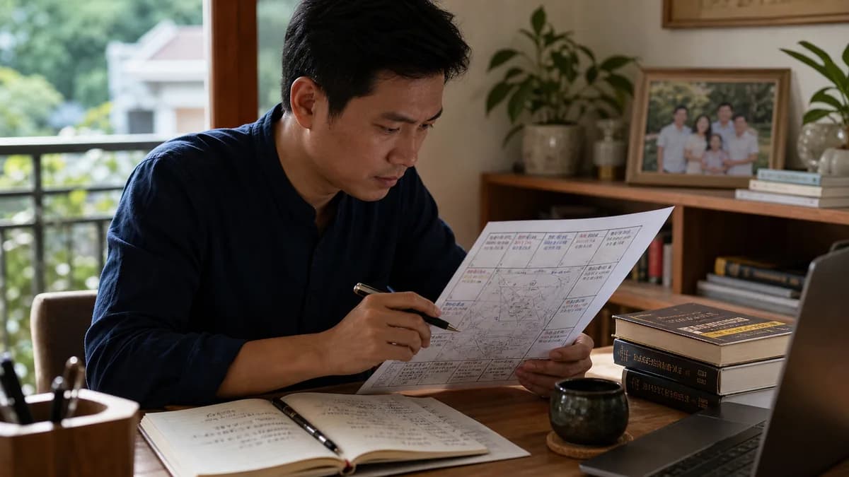Minh họa người đàn ông Việt Nam ngồi bên bàn gỗ sáng, cầm lá số tử vi và ghi chú để đọc sao Liêm Trinh trong bối cảnh gia đình, công việc và kỷ luật cá nhân