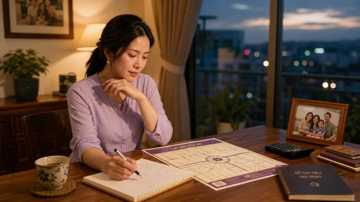 Minh họa người phụ nữ Việt Nam ngồi bên bàn gỗ ấm, vừa ghi chú trên sổ vừa đối chiếu lá số tử vi cạnh ảnh gia đình và sổ chi tiêu để đọc sao Thai Am theo hướng nội tâm và tài sản