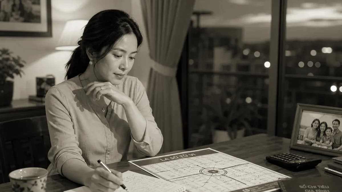 Minh họa người phụ nữ Việt Nam ngồi bên bàn gỗ ấm, đối chiếu lá số tử vi cạnh sổ ngân sách gia đình, máy tính cầm tay và ảnh người thân để đọc sao Thiên Phủ theo hướng giữ nền và quản trị nguồn lực