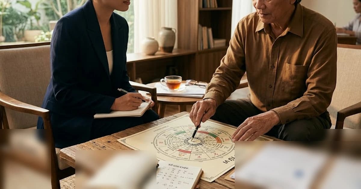 Hai người cùng đối chiếu lá số tử vi với người hướng dẫn chỉ vào cung quan trọng, thể hiện trợ lực và đồng hành của Tả Phù Hữu Bật.