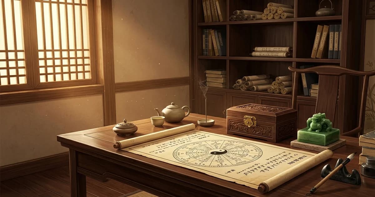 Minh họa cách cục Tử Phủ Vũ Tướng với không gian thư phòng cổ, ánh vàng ấm và bản đồ lá số