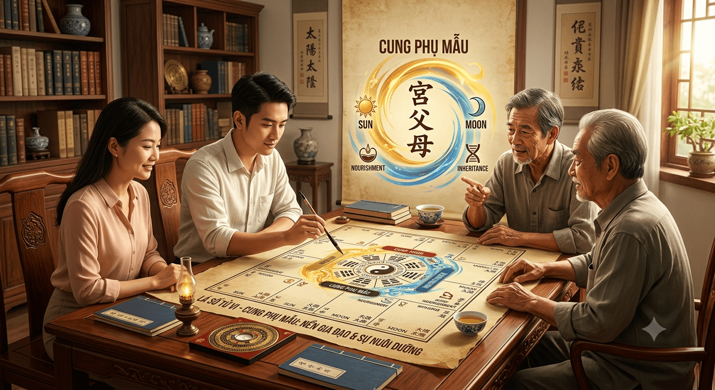 Minh họa cung Phụ Mẫu trong tử vi về cha mẹ nguồn cội và sự nuôi dưỡng