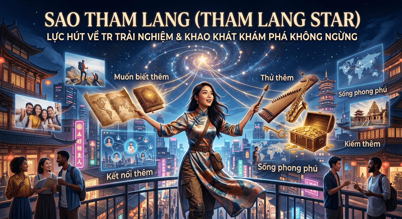 Minh họa người đọc lá số tử vi bên bàn trà tối, vừa đối chiếu vị trí sao Tham Lang trên bàn lá số vừa ghi chú về tiền bạc và quan hệ