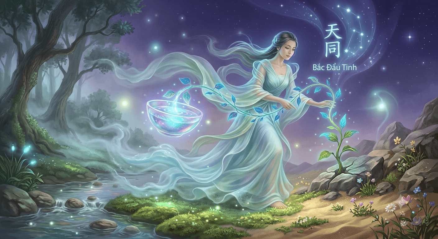 Minh họa người phụ nữ Việt Nam ngồi bên bàn gỗ sáng, đối chiếu lá số tử vi với sổ tay nhiều ghi chú màu và laptop để đọc sao Thiên Đồng theo hướng thích nghi và thay đổi môi trường